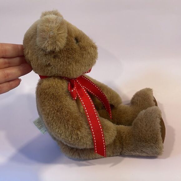 Classic Vintage Weighted Light Brown Teddy Bear Jointed Legs & Arms Red Ribbon - Picture 2 of 11